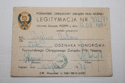 Legitymacja do Odznaki Honorowej POZPN Poznań 1971