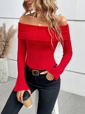 L _S1H CZERWONY SWETER DAMSKI Z ODKTYRYMI RAMIONAMI