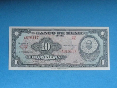 Meksyk Banknot 10 Pesos 1963 UNC P-58j Prefiks A !