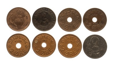 Dania, zestaw monet 2 ore 1889-1944 (8 szt.)