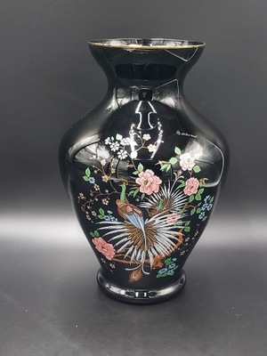 Duży wazon szklany czarny z pawiem 34 cm