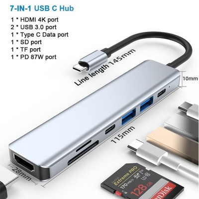 7in1 USB HUB Type C HUB Adapter with 4K HD U HUB