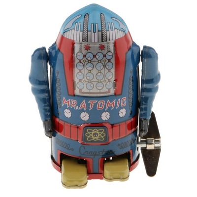 Vintage Wind Up Mechaniczna chodząca puszka Mr. Atomic Robot Toys Blue