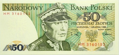 PRL BANKNOT 50 Złotych 1988 - seria HM - Stan UNC