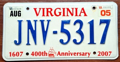 VIRGINIA 2005 - PLACA REJESTRACYJNA CON EE.UU.  