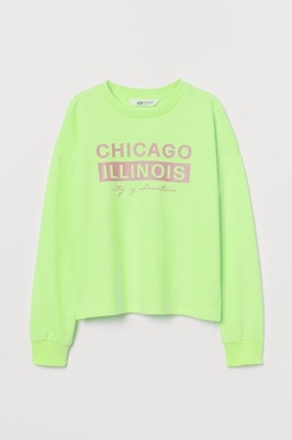 H&M cienka bluza z nadrukiem neonowozielony /Chicago 158 / 164 cm