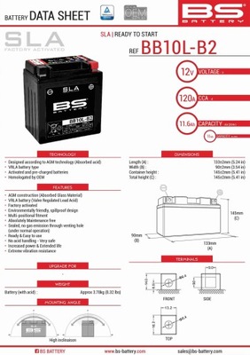 BS АКУМУЛЯТОР BB10L-B2 (FA) (YB10L-B2,YB10L-A2) 12V 11AH 136X91X146 BEZOBSŁ