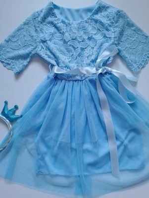 Sukienka z przedłużonym rękawem z miękkiej koronki niebieska 12 lat
