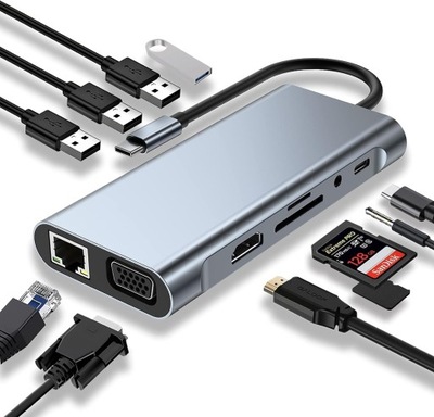 Hub USB C, stacja dokująca, adapter USB C 11 w 1 z 4K HDMI, VGA, Ethernet