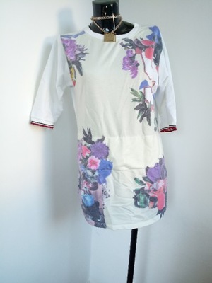 Kremowa dresowa bluza długa tunika kwiaty S M 36