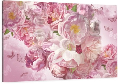 Obraz kwiaty piwonie róż różowe motyle 70x50