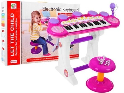 Dla Dzieci Różowy Zestaw Keyboard Werble Mikrofon Dźwięki 3 oktawy