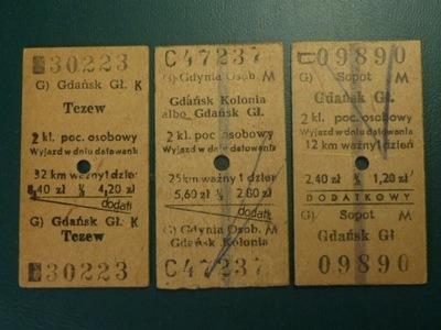 Zestaw 3 biletów PKP,Trójmiasto,1959-1963.