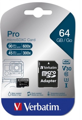 Karta micro SD PAMIĘCI 64GB PRO U3 VERBATIM SDXC