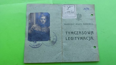 Dok.Oryg. międzyw. Tymczasowa Legitymacja ze Zdjęciem Miasto Sosnowiec 1922