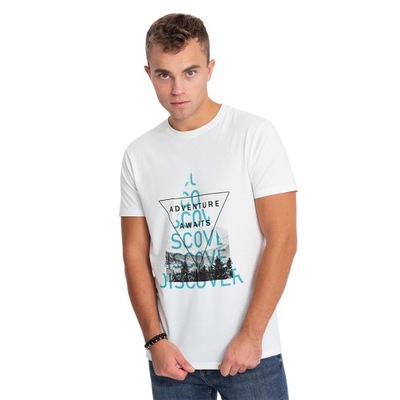 T-shirt męski bawełniany z nadrukiem biały V1 OM-TSPT-0165 M