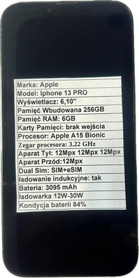 Smartfon Apple iPhone 13 Pro 6 GB / 256 GB 84% Kondycja baterii