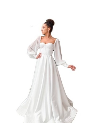 Biała satynowa Suknia Ślubna Elegancka z Długim Rękawem NA MIARY