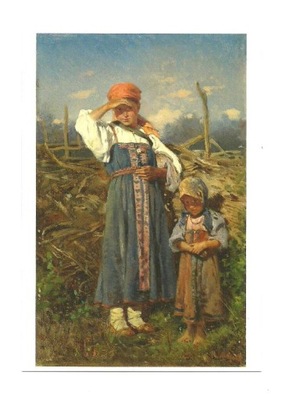 Pocztówka - W. Makowski, Dwie wiejskie dziewczynki ...