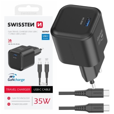 SZYBKA ŁADOWARKA SIECIOWA GaN USB-C 35W PD + kabel USB-C USB-C SWISSTEN