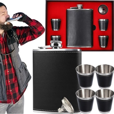 PIERSIÓWKA STALOWA Z KIELISZKAMI 4SZT LEJEK ETUI ZESTAW 270ML PREZENT