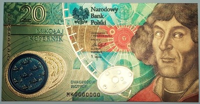 Banknot pozłacany 24k,20 zł.,2022 Mikołaj Kopernik , Polska