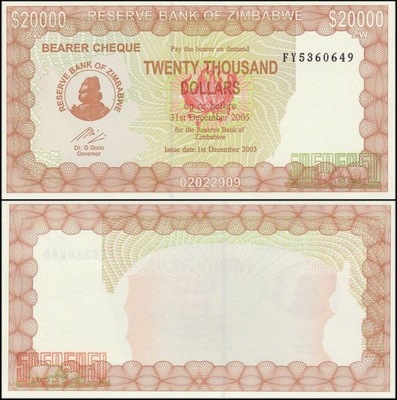 ZIMBABWE, 20000 DOLLARS 1.12.2003 Pick 23e