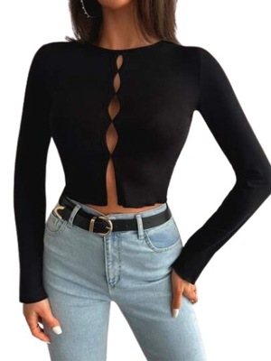 BLUZKA DAMSKA CZARNA Z WYCIĘCIAMI GŁADKA S 1EK