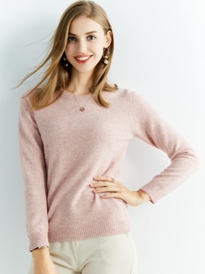 SWETER 100% WEŁNA MERINO OKRĄGŁY DEKOLT RÓŻOWY