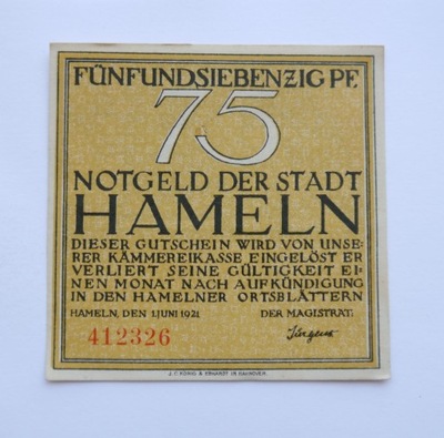 214/ NIEMCY HAMELN 75 PFENNIG 1921