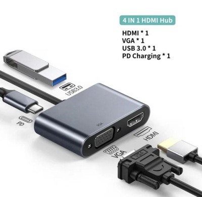 Adapter multiportowy 4K typ C do HDMI USB 3.0 Gray 4in1