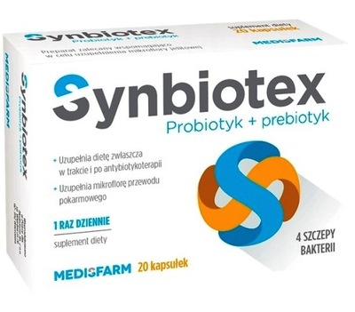 SYNBIOTEX Probiotyk Prebiotyk SZCZEPY BAKTERII 20x