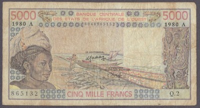 Wybrzeże Kości Słoniowej - 5000 franków 1980 (G-VG)