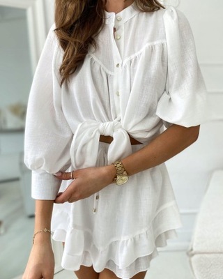 Lniany komplet O.N.E Koszula spódnico spodenki biały M
