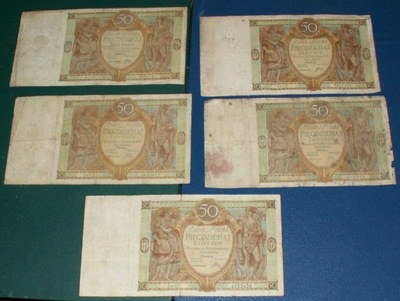 Zestaw 5 banknotów 50 złotych - 1929