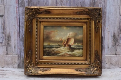 Marynistyka - Statki na Morzu Żaglówka - Obraz Olejny - Złota Rama 47x42