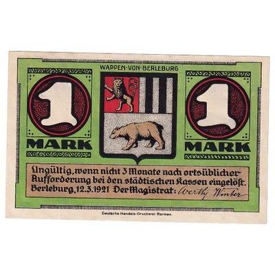 Banknot, Niemcy, Berleburg, 1 Mark, Blason, 1921,