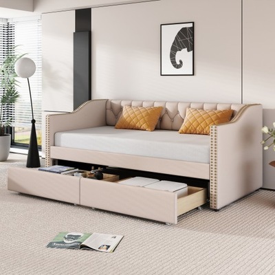 Tapicerowane łóżko dziecięce 90x200, rozkładana sofa z szufladami beżowa