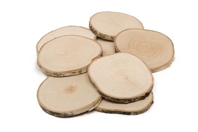 Plastry drewna o śr. 12-15 cm, gr. 1 cm szlifowane