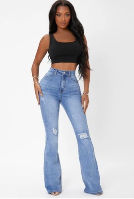 SHEIN SPODNIE JEANSOWE DZWONY Z DZIURAMI W28 V9D