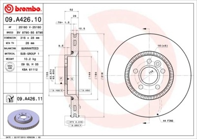 DISCOS DE FRENADO PARTE DELANTERA BREMBO 09.A426.11 09A42611  