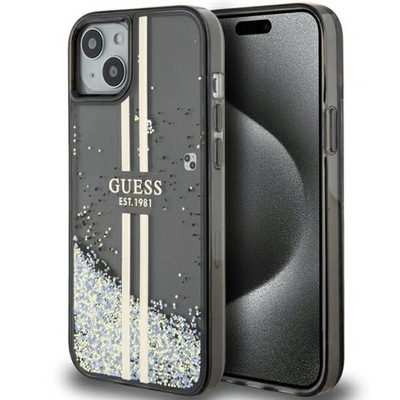 Etui Guess iPhone 15 / 14 / 13 czarny hardcase Liquid Glitter Gold Stripes