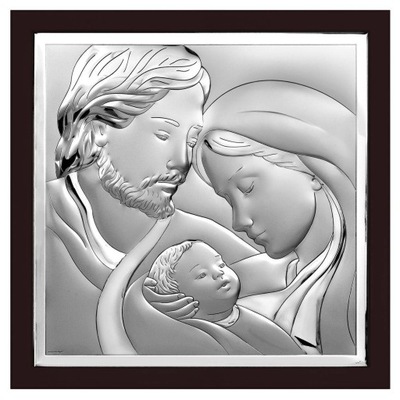 Obraz Świętej Rodziny srebrny nowoczesny w ciemnej ramie 18x18 cm