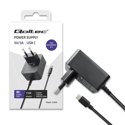 Ładowarka Qoltec Super FAST PD do Raspberry PI 4 | USB-C | 15W | 5V | 3A