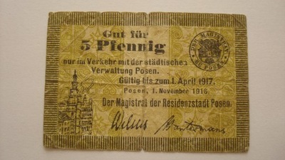 Banknot notgeld 1916 - 5 Pfennig - Poznań Posen