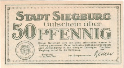 Banknot, Niemcy, Siegburg, 50 Pfennig, paysage 2,