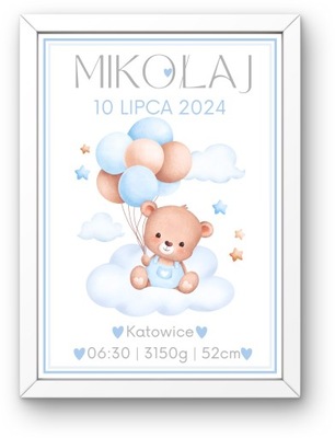 METRYCZKA Z RAMKĄ DLA CHŁOPCA A4 Prezent Narodziny Chrzest Roczek