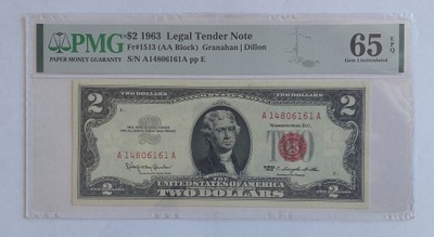 banknot 2 dolary 1963 czerwona pieczęć USA PMG 65 EPQ