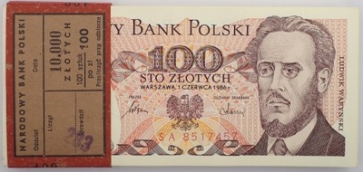 100 zł WARYŃSKI 1986 seria SA banknot z paczki bankowej PRL