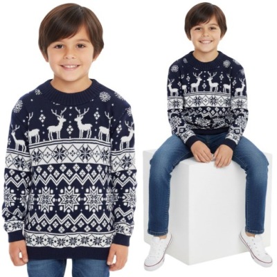 DZIECIĘCY SWETER ŚWIĄTECZNY GRANATOWY NORWESKI WZÓR RENIFER dziecko 4/5 L